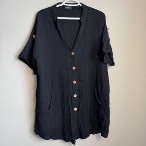 BSUBSEACH Black Seersucker Button Front Pocketed Swim Cover Up Tunic XL Beach